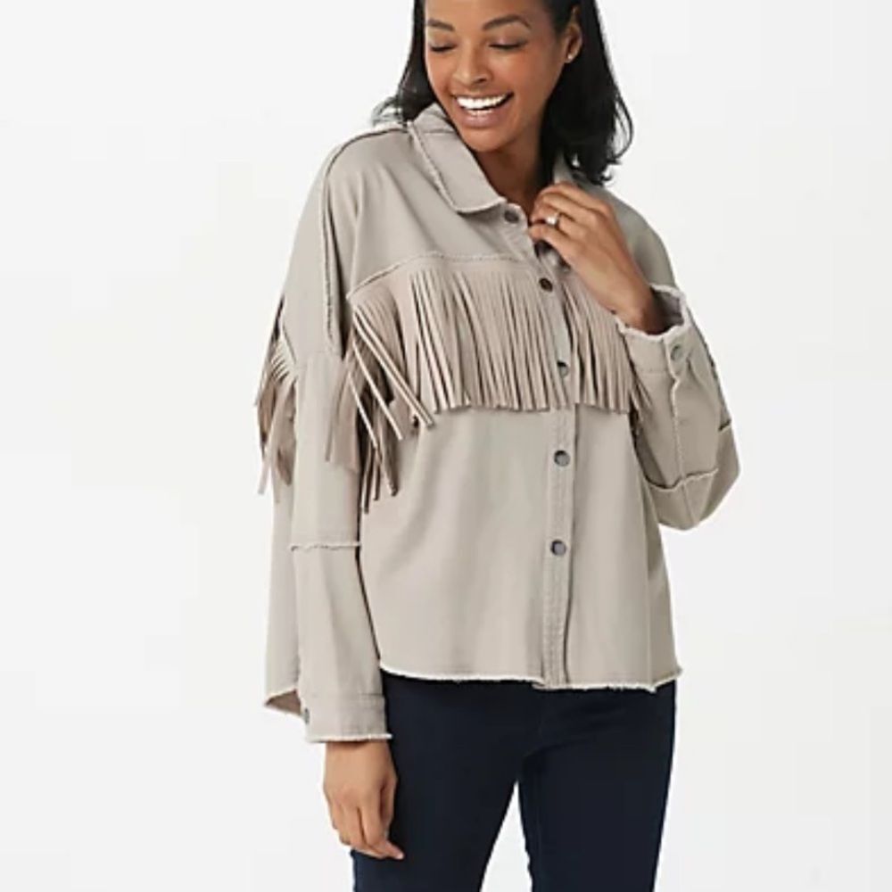 Haute Hippie Jacket Womens Boho Tan Tribe Faux Suede Fringe Shacket SZ Large